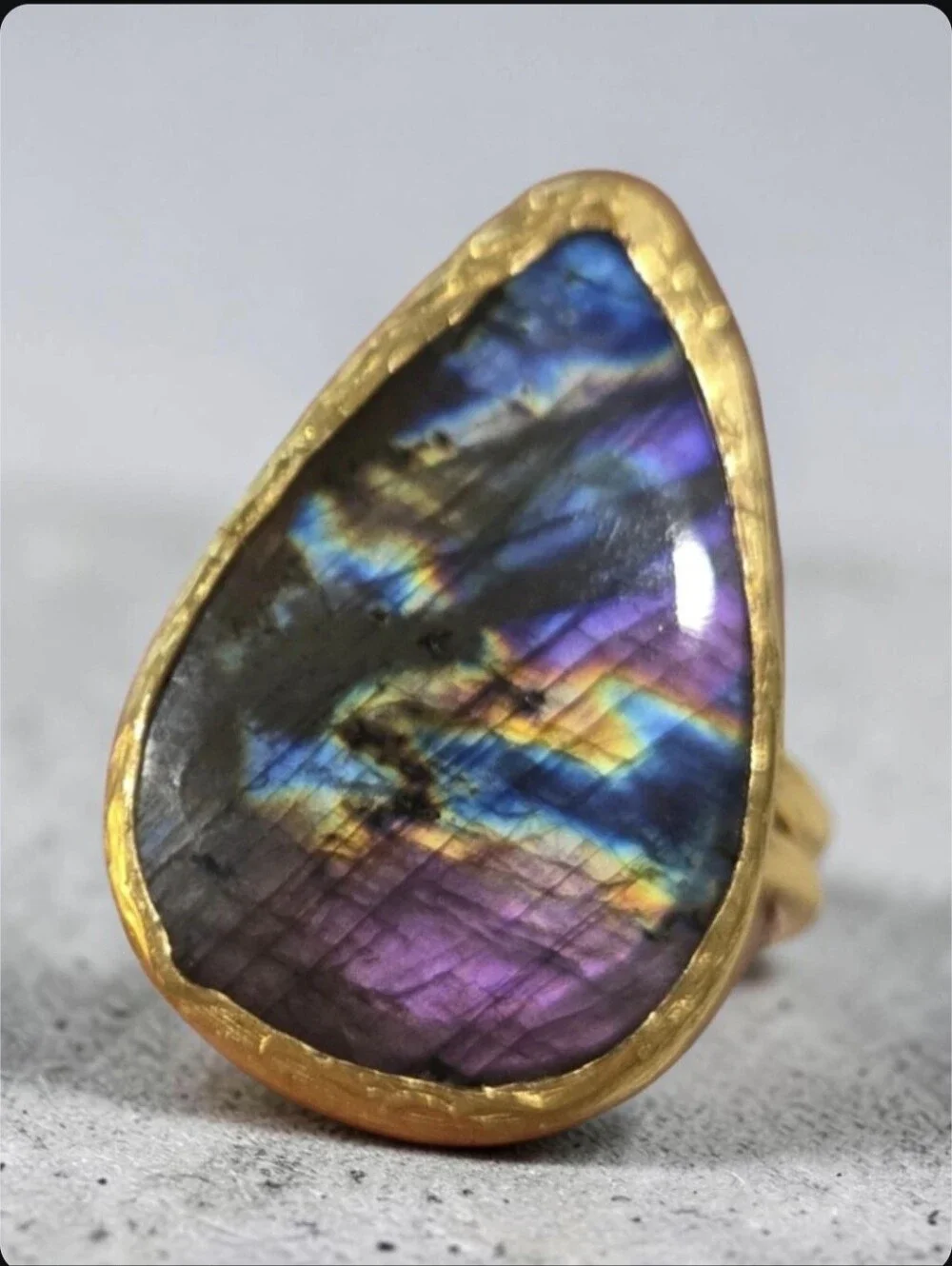 Best 22k Gold Plated Teardrop Genuine Rainbow Flash Labradorite Statement Ring